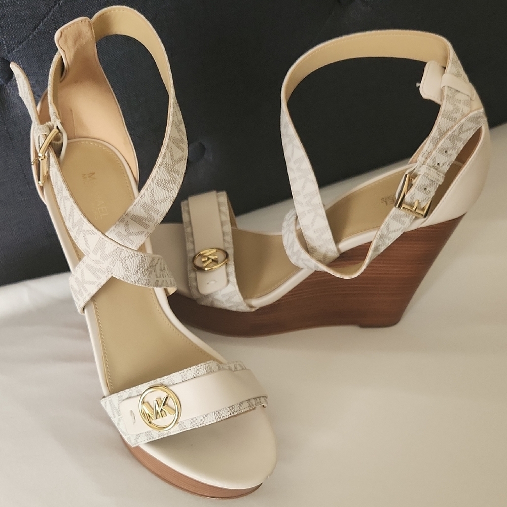 Michael Kors Cream and Brown Wedge Sandals with Strappy Design